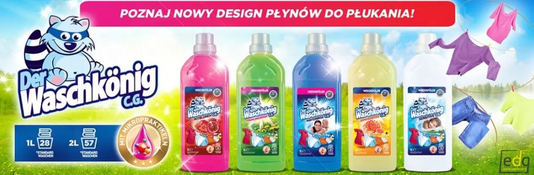 Nowy design opakowań płynów do płukania Der Waschkönig C.G.